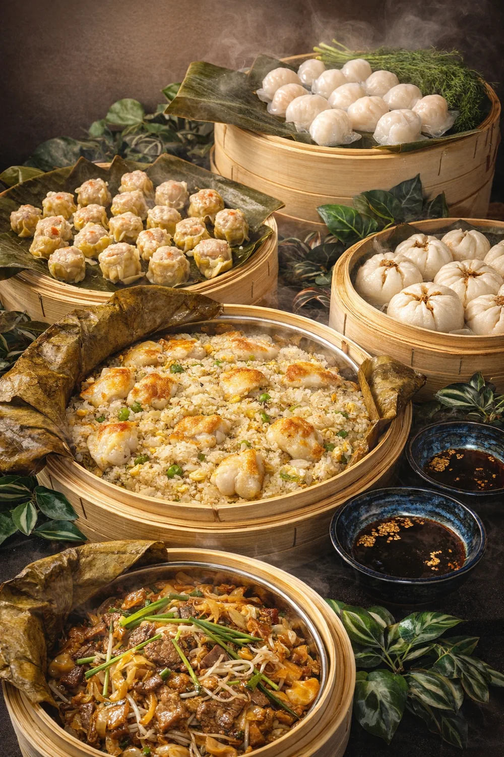 Catering spread with steamed dumplings, baos, rice and noodles
