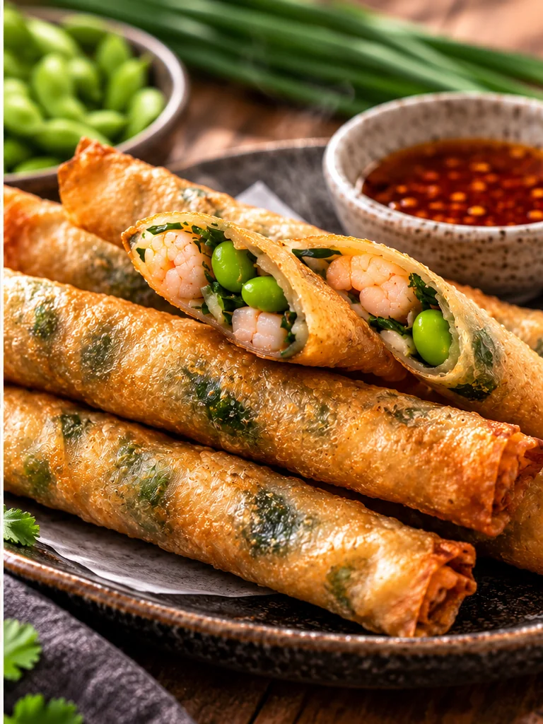 Crispy prawn and edamame rolls