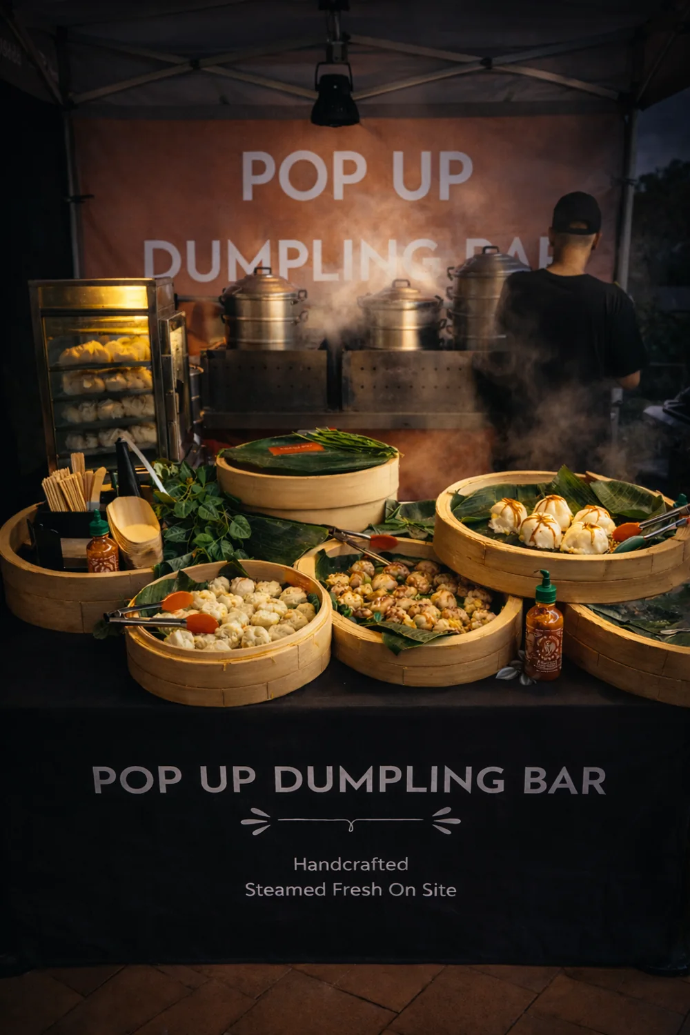 POP UP Dumpling Bar live cooking station with bamboo steamers