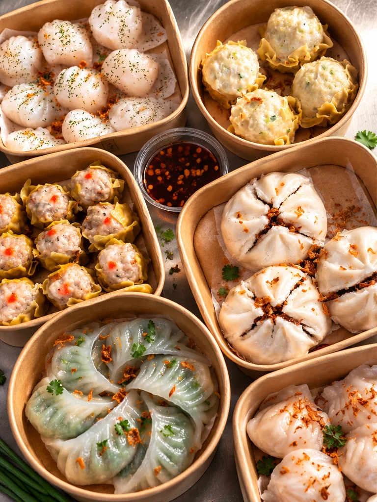 Assortment of steamed dumplings and BBQ pork bao served in takeaway trays