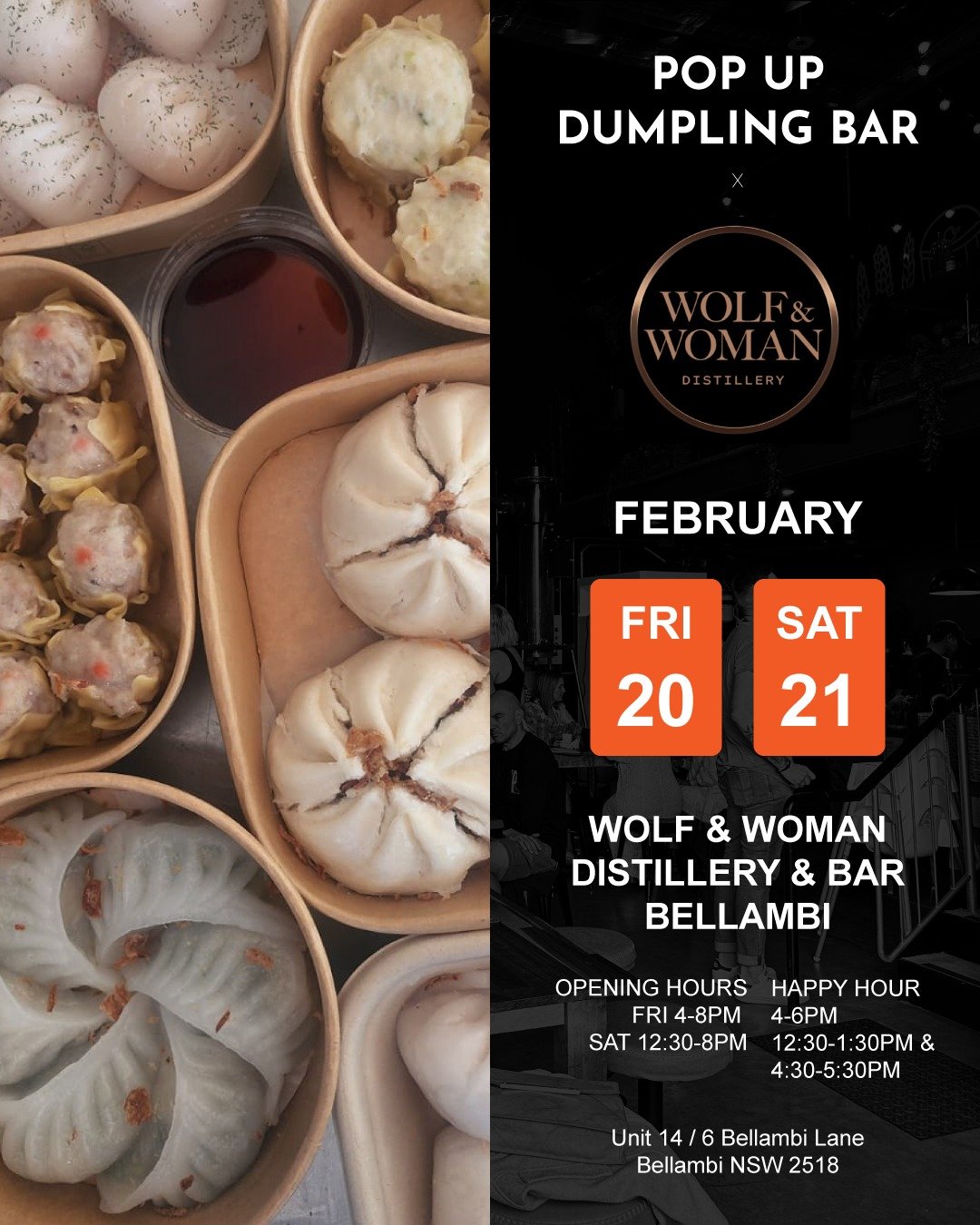 We’re back at @wolfandwomandistillery this Feb 20 & 21 — two nights of handcrafted Cantonese-style dumplings, cocktails and late summer vibes.

From steamy siu mai to silky gow and fluffy bao, everything is made to order and designed to pair beautifully with Wolf & Woman’s spirits and bar menu.

Recently mentioned in Good Food as part of the Wollongong regional experience — and we’re bringing that same energy back to Bellambi.

📍 Wolf & Woman Distillery & Bar
🗓 Fri 20 Feb 4–8PM
🗓 Sat 21 Feb 12:30–8PM
🍸 Happy Hour:
Fri 4–6PM
Sat 12:30–1:30PM & 4:30–5:30PM

Come early. Stay late. Bring friends.

#popupdumplingbar #wolfandwoman #bellambi #illawarraeats #goodfood #dumplingsanddrinks