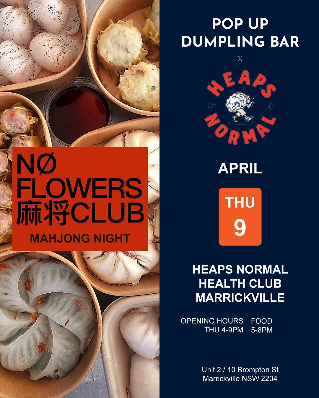🥟 We’re popping up for Mahjong Night
📍 Heaps Normal Health Club, Marrickville

🗓 Thu 9 April
🕔 Food from 5–8PM

Free entry to the venue! Come through for dumplings, games and good vibes.

🀄 Want to play Mahjong?
Grab tickets via Moshtix, Link in Stories