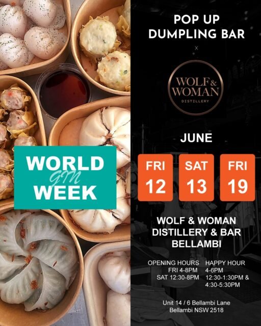 🍸 WORLD GIN x MARTINI DAY x DUMPLINGS 🥟

Three chances to catch us at @wolfandwomandistillery this June.

Good gin deserves good food, so we're bringing the dumplings back to Bellambi for a World Gin Week celebration.

📅 Fri 12 June - Pre-Drinks
📅 Sat 13 June - World Gin Day
📅 Fri 19 June - World Martini Day

Handcrafted dumplings, award-winning spirits and one of the best bar atmospheres in the Illawarra.

Tag your gin-loving friends and we'll see you at the bar. 🍸🥟

📍 Wolf & Woman Distillery, Bellambi

#WorldGinWeek #WolfAndWoman #Bellambi #WollongongEats #IllawarraFood #PopUpDumplingBar #DumplingsAndGin #VisitWollongong #SupportLocal #Bellambi