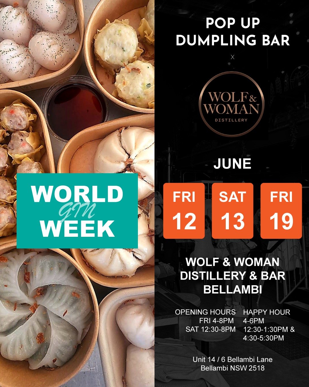 🍸 WORLD GIN x MARTINI DAY x DUMPLINGS 🥟

Three chances to catch us at @wolfandwomandistillery this June.

Good gin deserves good food, so we're bringing the dumplings back to Bellambi for a World Gin Week celebration.

📅 Fri 12 June - Pre-Drinks
📅 Sat 13 June - World Gin Day
📅 Fri 19 June - World Martini Day

Handcrafted dumplings, award-winning spirits and one of the best bar atmospheres in the Illawarra.

Tag your gin-loving friends and we'll see you at the bar. 🍸🥟

📍 Wolf & Woman Distillery, Bellambi

#WorldGinWeek #WolfAndWoman #Bellambi #WollongongEats #IllawarraFood #PopUpDumplingBar #DumplingsAndGin #VisitWollongong #SupportLocal #Bellambi