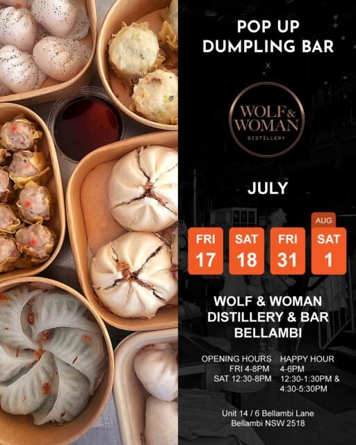 🥟 We're back at @wolfandwomandistillery for four pop-ups over July and August!

📅 Fri 17 July | 4-8pm
📅 Sat 18 July | 12:30-8pm
📅 Fri 31 July | 4-8pm
📅 Sat 1 August | 12:30-8pm

Pair our Cantonese dumplings and baos with Wolf & Woman's award-winning spirits and cocktails.

🍸 Happy Hour
Friday: 4-6pm
Saturday: 12:30-1:30pm & 4:30-5:30pm

Whether you're dropping in for a drink, catching up with friends, or making a day of it, we'll have the dumplings ready.

📍 Wolf & Woman Distillery & Bar
Bellambi

See you there! 🥟