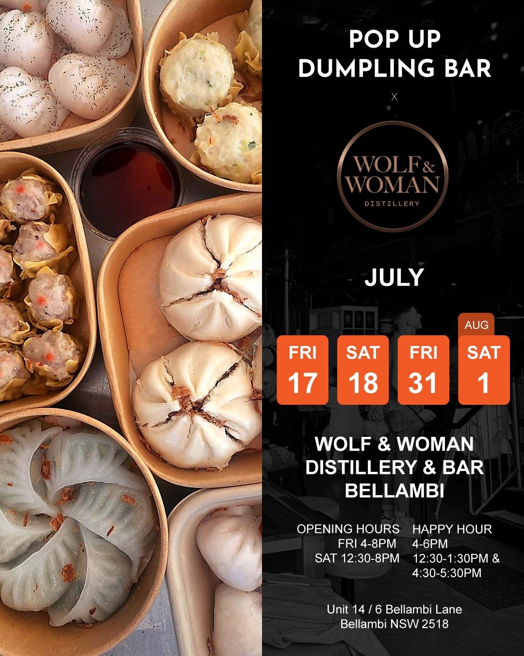 🥟 We're back at @wolfandwomandistillery for four pop-ups over July and August!

📅 Fri 17 July | 4-8pm
📅 Sat 18 July | 12:30-8pm
📅 Fri 31 July | 4-8pm
📅 Sat 1 August | 12:30-8pm

Pair our Cantonese dumplings and baos with Wolf & Woman's award-winning spirits and cocktails.

🍸 Happy Hour
Friday: 4-6pm
Saturday: 12:30-1:30pm & 4:30-5:30pm

Whether you're dropping in for a drink, catching up with friends, or making a day of it, we'll have the dumplings ready.

📍 Wolf & Woman Distillery & Bar
Bellambi

See you there! 🥟
