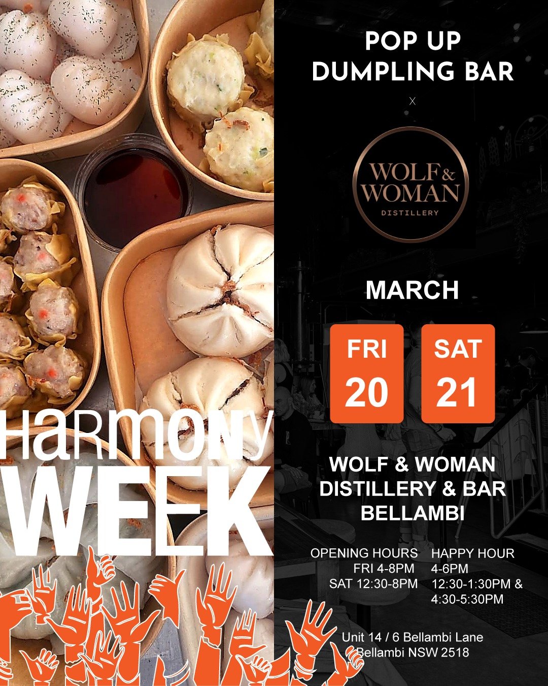 Celebrate Harmony Week with dumplings, drinks and good company.

We’re back at @wolfandwomandistillery for two nights of handcrafted Cantonese-style dumplings - the perfect pairing with their cocktails and bar menu.

Recently mentioned in Good Food as part of the Wollongong regional food experience.

📍 Bellambi
Fri 20 Mar 4–8pm
Sat 21 Mar 12:30–8pm

Come hungry.